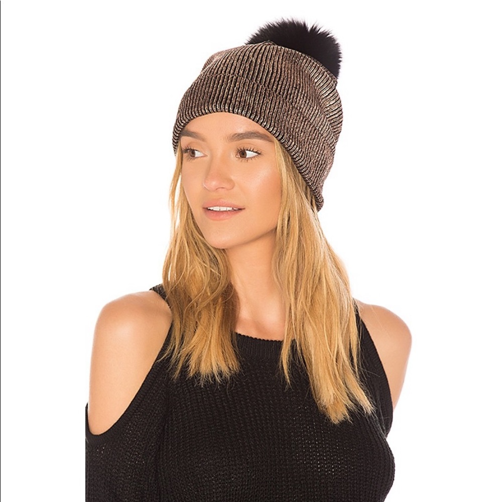 Metallic Hat with Fox Pom in Copper